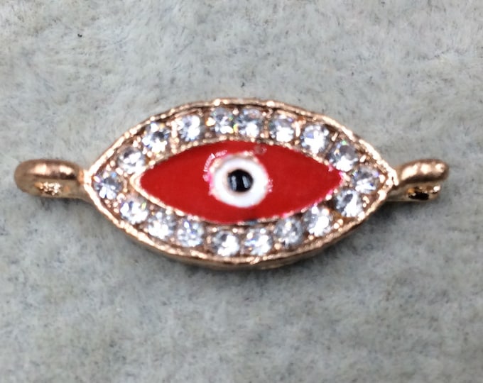 Small Red Enameled Rose Gold Plated Copper Rhinestone Inlaid Evil Eye Shaped Focal Connector - Measuring 10mm x 18mm, Approximately