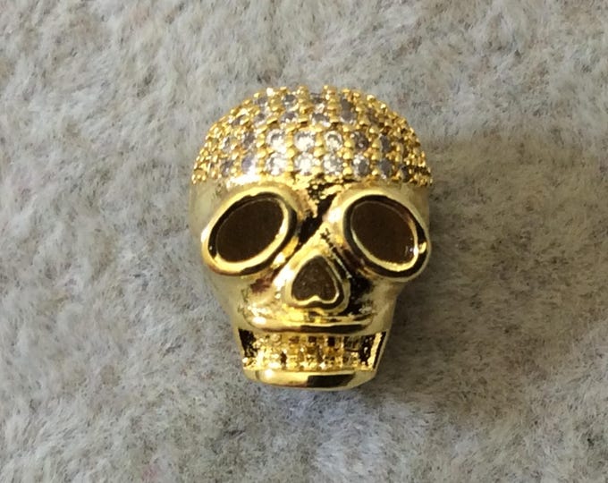 Gold Plated CZ Cubic Zirconia Inlaid Skull Mask/Ski Mask Shaped Bead With White CZ  -  ~ 9mm x 11mm,  - Sold Individually, Random