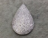 Silver Plated CZ Cubic Zirconia Inlaid Teardrop Shaped Copper Focal Pendant - Measuring 30mm x 47mm, Approx. - Sold Individually, RANDOM