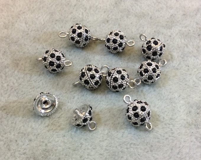 9mm Pave Style Jet Black Glass Encrusted Silver Plated Round/Ball Shaped Threaded Twist Clasps- Sold Individually - Elegant and Classy