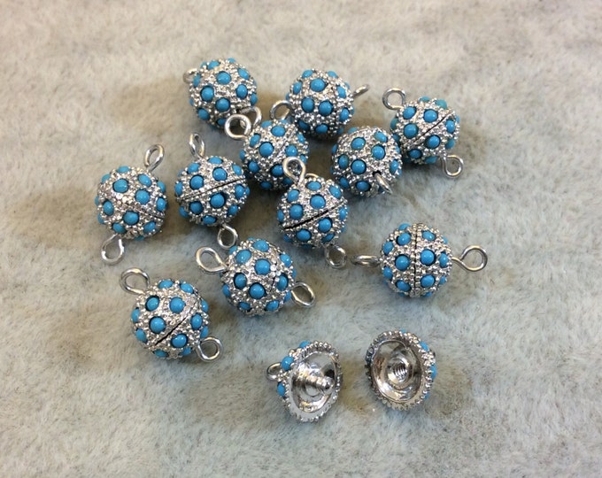 9mm Pave Style Turquoise Howlite Encrusted Silver Plated Round/Ball Shaped Threaded Twist Clasps- Sold Individually - Elegant and Classy