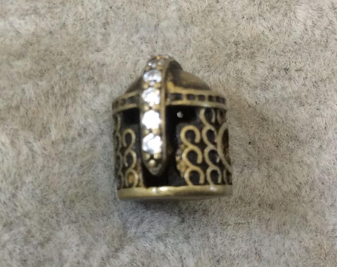 Bronze Plated CZ Cubic Zirconia Inlaid Medieval Warrior Helmet Shaped Bead With White CZ  -  ~ 8mm x 11mm,  - Sold Individually, Random