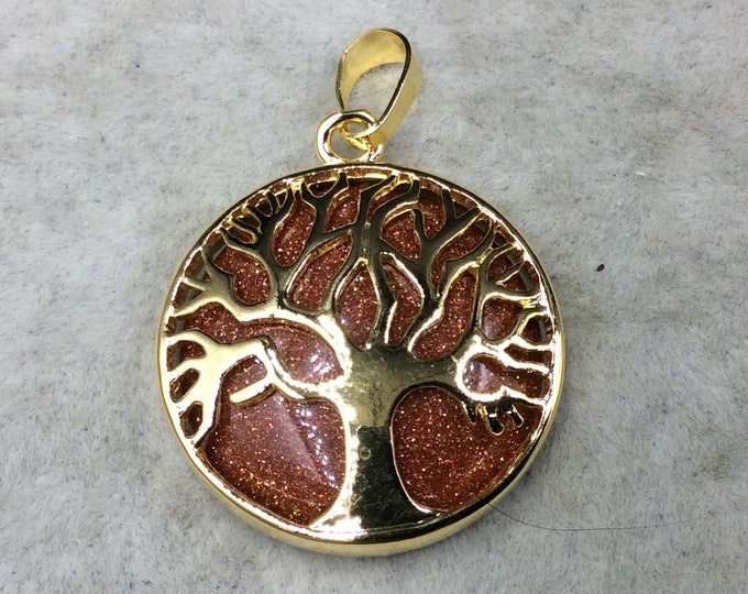 Gemstone Bezels | Goldstone - 1" Gold Plated Copper Cut Out Tree Focal Bezel Pendant with Goldstone - Measures 26mm x 26mm -Chosen at Random