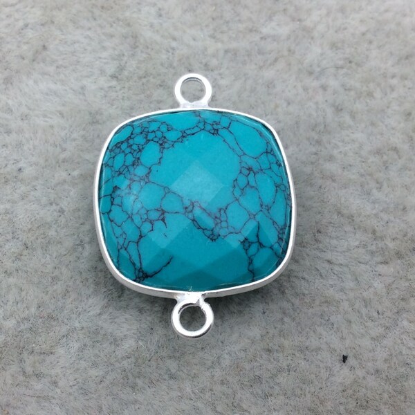 Sterling Silver Faceted Dyed Veined Turquoise Howlite Square Shaped Bezel Connector - Measuring 18mm x 18mm - Sold Individually