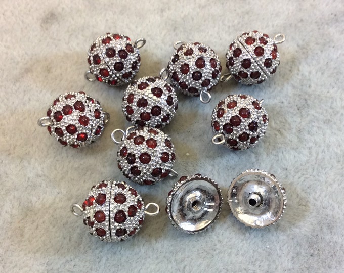 13mm Pave Style Red Glass Encrusted Silver Plated Round/Ball Shaped Threaded Twist Clasps- Sold Individually - Elegant and Classy