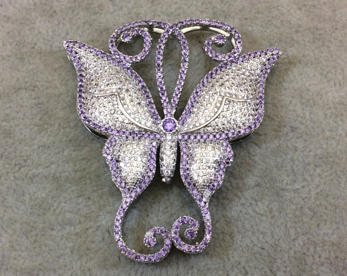 Silver Plated Purple/White CZ Cubic Zirconia Inlaid Fancy/Ornate Long Scroll Winged Butterfly Shaped Copper Slider - Measuring 50mm x 57mm