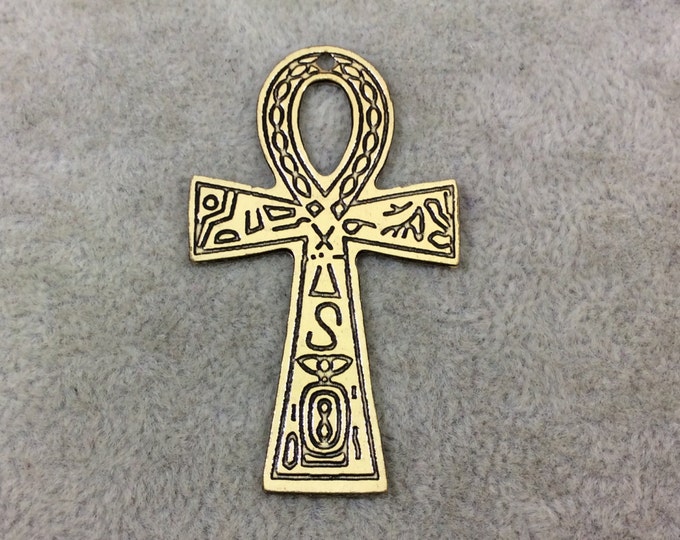 2" Lightweight Oxidized Gold Plated Heiroglyphic Embossed Ankh Shaped Copper Pendant  - Measuring 30mm x 52mm, Approx. - Sold Individually