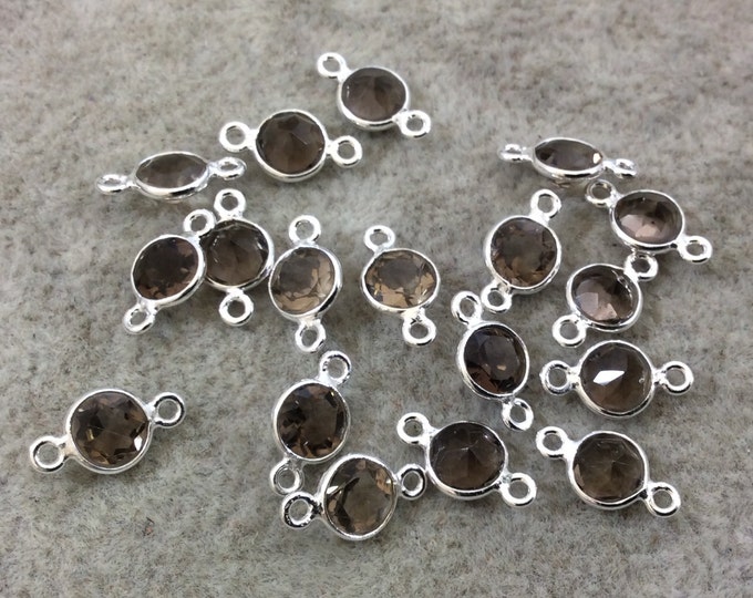 BULK LOT - Pack of Six (6) Sterling Silver Pointed/Cut Stone Faceted Round/Coin Shaped Smoky Quartz Bezel Connectors - Measuring 5mm x 5mm