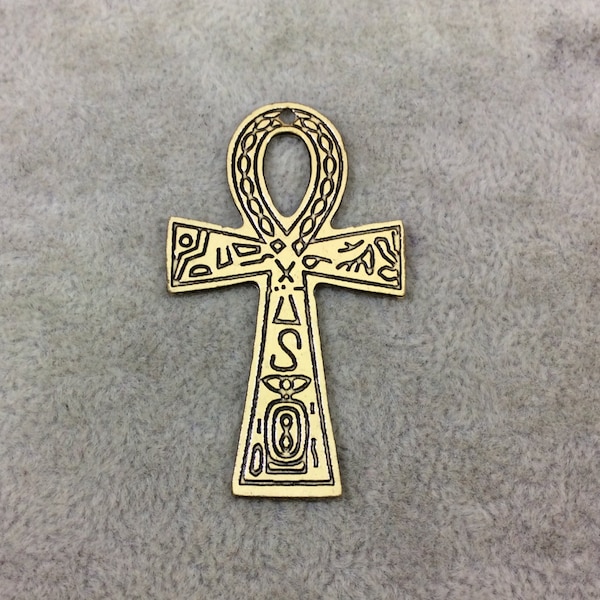 2" Lightweight Oxidized Gold Plated Heiroglyphic Embossed Ankh Shaped Copper Pendant  - Measuring 30mm x 52mm, Approx. - Sold Individually