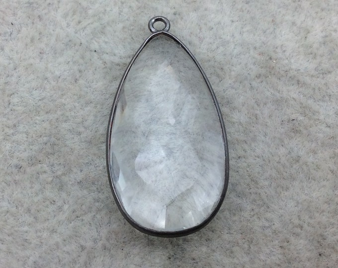 Hydro Quartz Bezel | Gunmetal Plated Faceted Clear (Lab Created) Pear Teardrop Shaped Pendant - Measuring 17mm x 31mm - Sold Individually