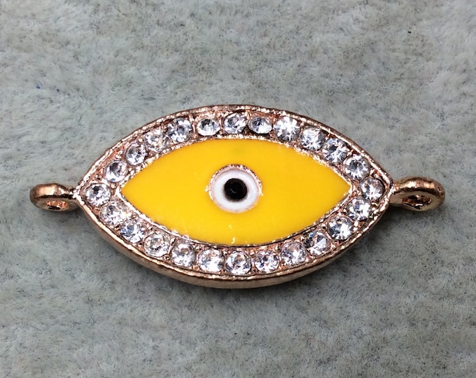 Medium Yellow Enameled Rose Gold Plated Copper Rhinestone Inlaid Evil Eye Shaped Focal Connector - Measuring 15mm x 25mm, Approximately