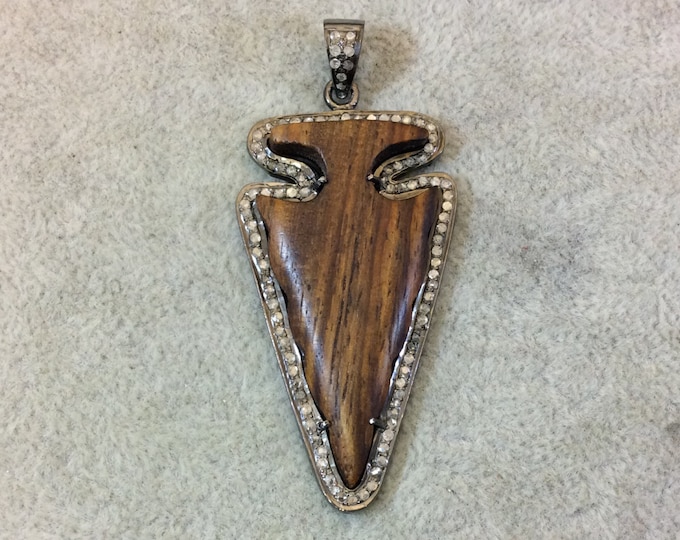Genuine Pave Diamond Encrusted Gunmetal Plated Sterling Silver and Wood Arrowhead Pendant - Measuring 29mm x 51mm, Approx. - 0.85 carats
