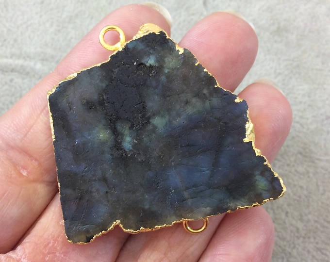 OOAK Gold Plated MATTE Natural Raw Iridescent Rainbow Labradorite Freeform Shaped Slice Connector - Measuring 43mm x 45mm, Approximately