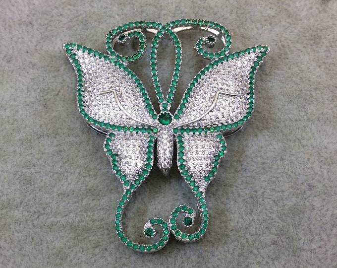 Silver Plated Green/White CZ Cubic Zirconia Inlaid Fancy/Ornate Long Scroll Winged Butterfly Shaped Copper Slider - Measuring 50mm x 57mm
