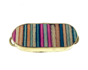 1.25" Natural Rainbow Short Stripe Wooden Skinny Oval Shaped Gold Plated Bezel Connector - Measuring 14mm x 33mm.