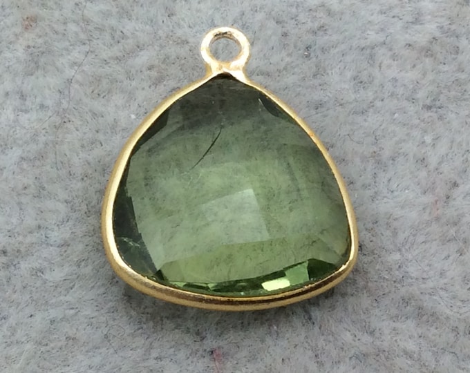 Gold Vermeil Faceted Pale Green Hydro (Lab Created) Quartz Trillion Shaped Bezel Pendant - Measuring 15mm x 15mm - Sold Individually