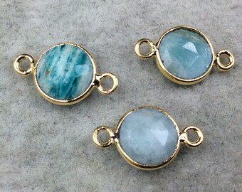 Gold Plated Natural Amazonite Faceted Round/Coin Shaped Copper Bezel Connector/Link - Measures 8mm x 8mm - Sold Individually, Random