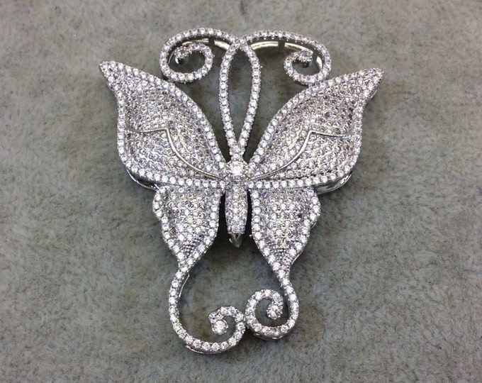 Silver Plated White CZ Cubic Zirconia Inlaid Fancy/Ornate Long Scroll Winged Butterfly Shaped Copper Slider - Measuring 50mm x 57mm