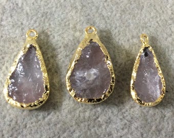 Jeweler's Lot  of Three Gold Electroformed Natural Rough Rose Quartz Freeform Pendants "RQE17"- ~  18mm - 22mm Long - Quality Raw Gemstone