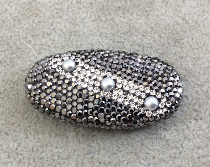 Single Rhinestone Encrusted Oval Focal Shaped Bead with Freshwater Pearl Inlay - Measuring 13mm x 42mm, Approx. - Individual, RANDOM