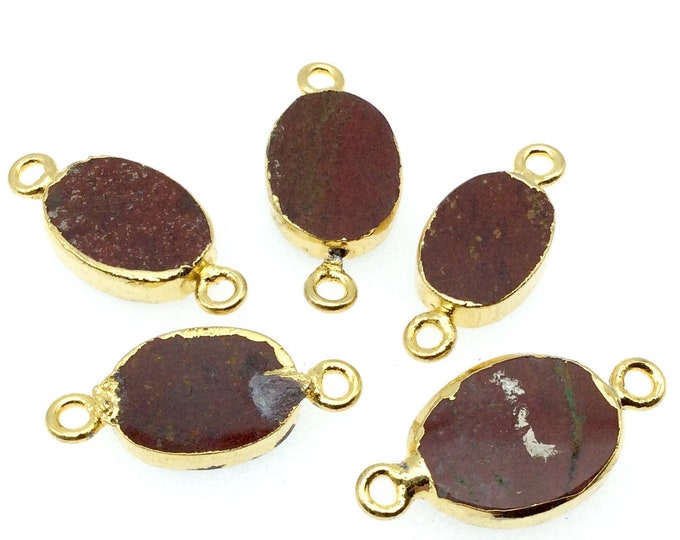 Extra Small Sized Gold Plated Natural Flat Red Jasper Oval Shape Connector - 12-15mm Long Approx. - Sold Per Each, Selected at Random