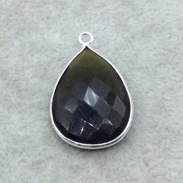 Sterling Silver Faceted Dark Olive (Lab Created) Quartz Teardrop Shaped Bezel Pendant - Measuring 18mm x 25mm - Sold Individually