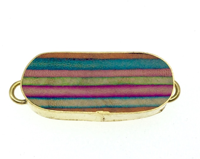 1.25" Natural Rainbow Long Stripe Wooden Skinny Oval Shaped Gold Plated Bezel Connector - Measuring 14mm x 33mm.
