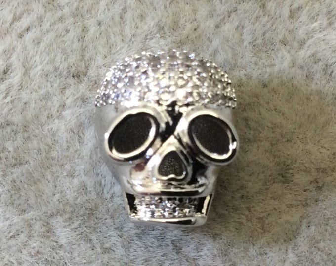 Silver Plated CZ Cubic Zirconia Inlaid Skull Mask/Ski Mask Shaped Bead With White CZ  -  ~ 9mm x 11mm,  - Sold Individually, Random