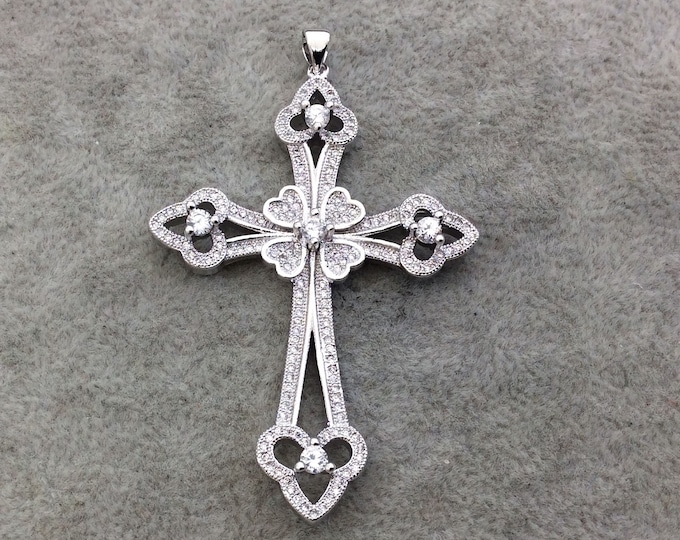 2.2" Long Silver Plated CZ Cubic Zirconia Inlaid Studded Fancy Cross Shaped Plated Copper Focal Pendant - Measuring 39mm x 56mm, Approx.