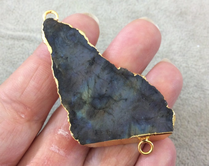 OOAK Gold Plated MATTE Natural Raw Iridescent Rainbow Labradorite Freeform Shaped Slice Connector - Measuring 34mm x 58mm, Approximately