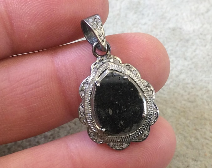 OOAK Genuine Pave Diamond Encrusted Gunmetal Plated Sterling Silver & Raw Diamond Pendant - Measuring 17mm x 20mm, Approx. - .09 cts