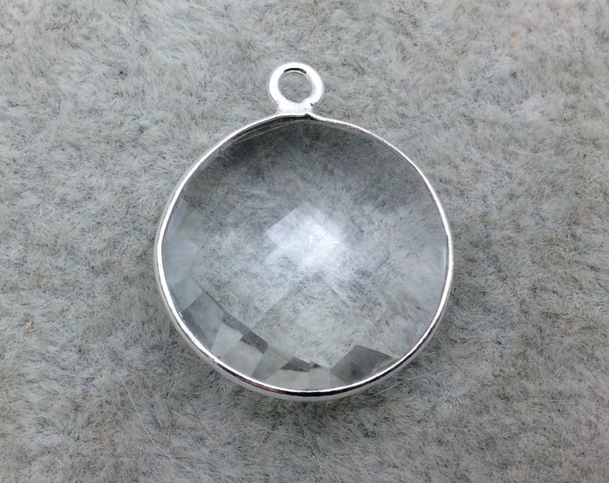 Sterling Silver Faceted Clear (Lab Created) Quartz Round Shaped Bezel Pendant - Measuring 18mm x 18mm - Sold Individually
