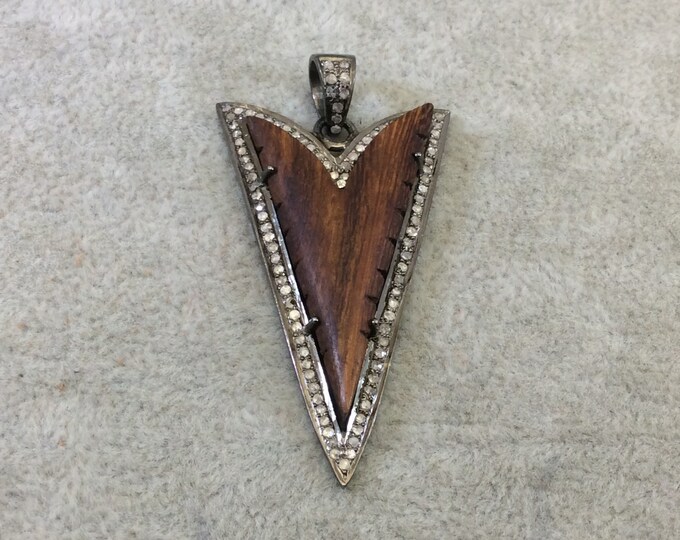 Genuine Pave Diamond Encrusted Gunmetal Plated Sterling Silver and Wood Arrowhead Pendant - Measuring 27mm x 50mm, Approx. - 0.67 cts