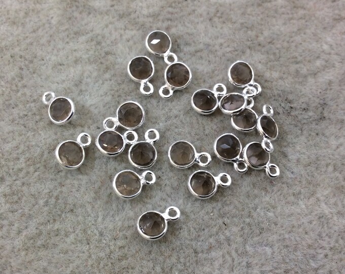 BULK LOT - Pack of Six (6) Sterling Silver Pointed/Cut Stone Faceted Round/Coin Shaped Smoky Quartz Bezel Pendants - Measuring 4mm x 4mm