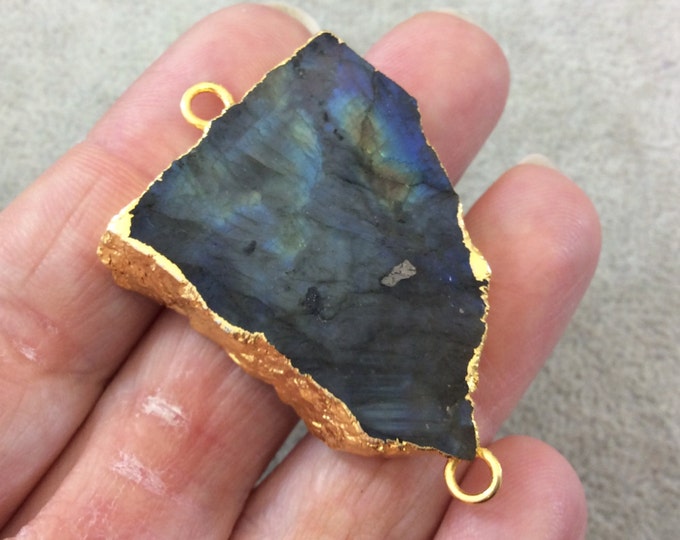 OOAK Gold Plated MATTE Natural Raw Iridescent Rainbow Labradorite Freeform Shaped Slice Connector - Measuring 32mm x 38mm, Approximately