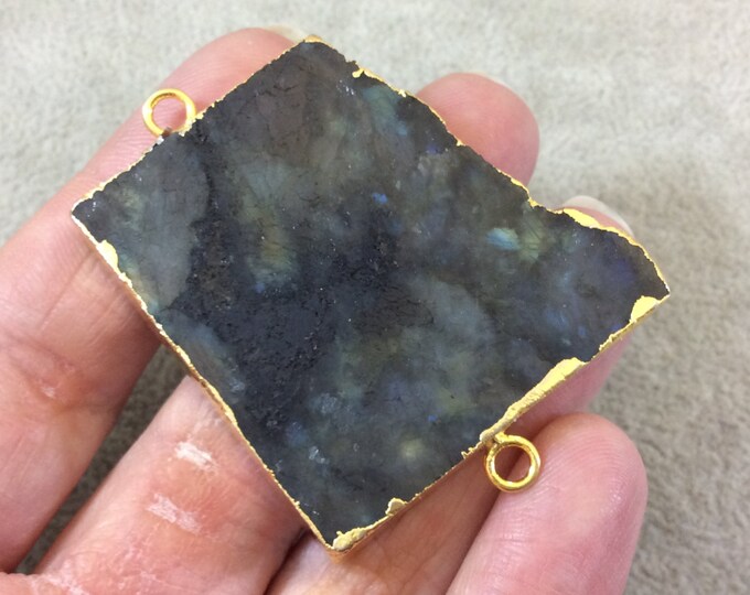 OOAK Gold Plated MATTE Natural Raw Iridescent Rainbow Labradorite Freeform Shaped Slice Connector - Measuring 42mm x 43mm, Approximately