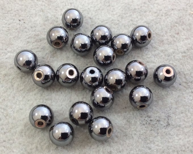 8mm Glossy Finish Gunmetal Plated Brass Round/Ball Shaped Metal Spacer Beads with 1mm Holes - Loose, Sold in Pre-Packed Bags of 20 Beads
