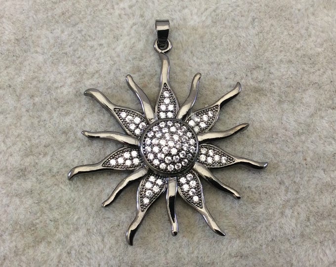 Large Gunmetal Plated CZ Cubic Zirconia Inlaid Sunburst Shaped Copper Pendant - Measures 37mm x 37mm  - Four Colors Available, See Related!