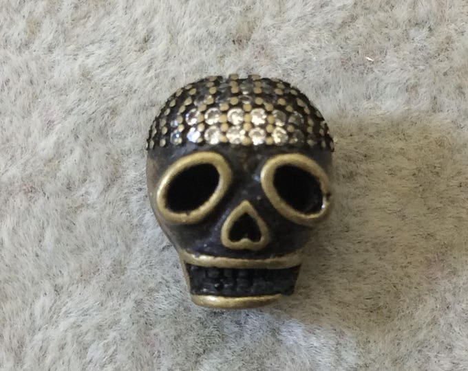 Bronze Plated CZ Cubic Zirconia Inlaid Skull Mask/Ski Mask Shaped Bead With White CZ  -  ~ 9mm x 11mm,  - Sold Individually, Random
