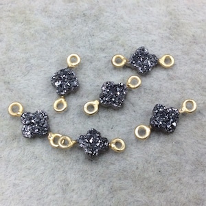 Small Dark Silver Quatrefoil Shape Natural Druzy Connector W Gold Rings - Measures 6mm x 6mm, Approx. - Sold Individually, Randomly Chosen