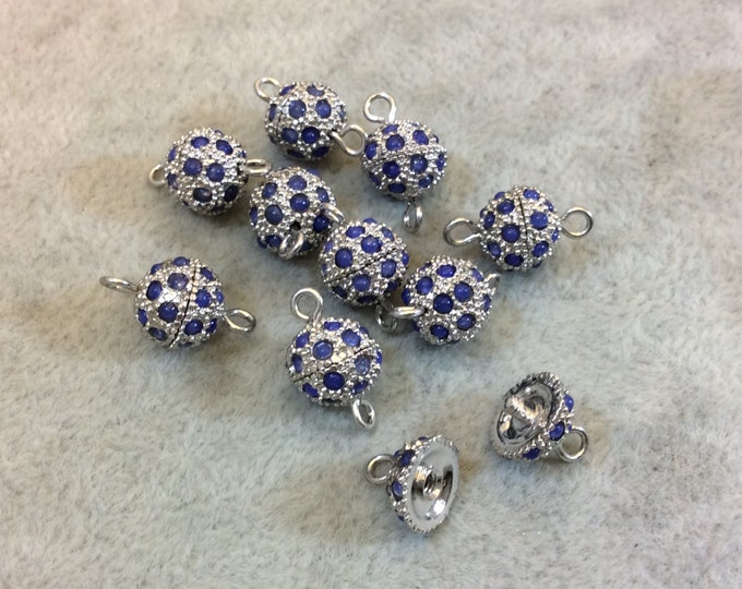 9mm Pave Style Blue Glass Encrusted Silver Plated Round/Ball Shaped Threaded Twist Clasps- Sold Individually - Elegant and Classy