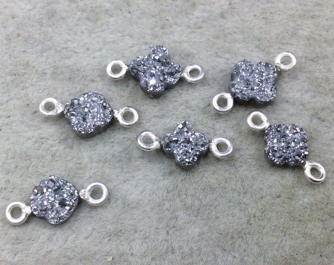 Medium Bright Silver Quatrefoil Shape Natural Druzy Connector W Silver Rings - Measures ~ 7mm x 7mm,  - Sold Individually, Randomly Chosen
