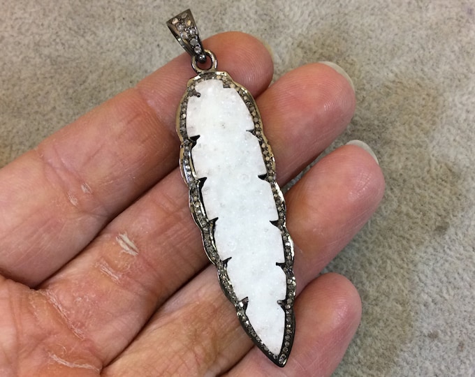 Genuine Pave Diamond Encrusted Gunmetal Plated Sterling Silver and White Druzy Leaf/Feather Pendant - Measuring 17 x 55mm, Approx. - .63 cts