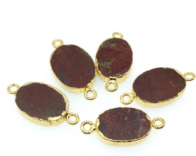 Small Sized Gold Plated Natural Flat Red Jasper Oval Shape Connector - 16-18mm Long Approx. - Sold Per Each, Selected at Random