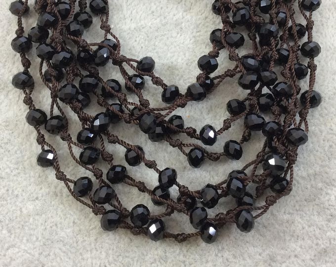 Chinese Crystal Beads | 72" Woven Dark Brown Thread Necklace with 6mm Faceted Glossy Finish Rondelle Shaped Opaque Jet Black Glass Beads