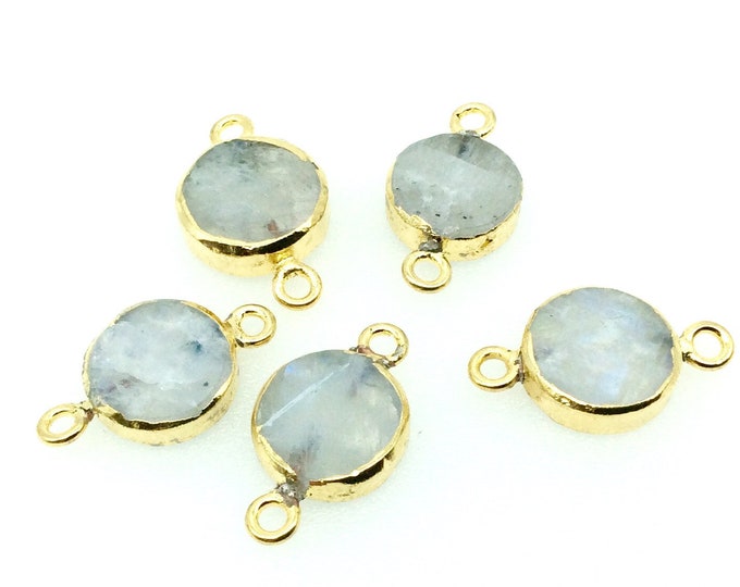 Medium Sized Gold Plated Natural Flat White/Green Tree Agate Round Shaped Connector - 15-18mm Approx. - Sold Per Each, Selected at Random