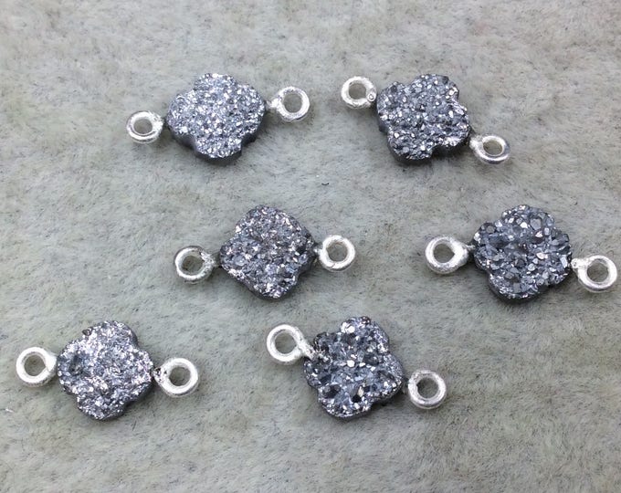 Large Bright Silver Quatrefoil Shape Natural Druzy Connector W Silver Rings - Measures ~ 8mm x 8mm,  - Sold Individually, Randomly Chosen