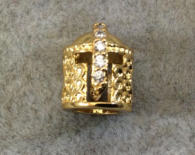 Gold Plated CZ Cubic Zirconia Inlaid Medieval Warrior Helmet Shaped Bead With White CZ  -  ~ 8mm x 11mm,  - Sold Individually, Random