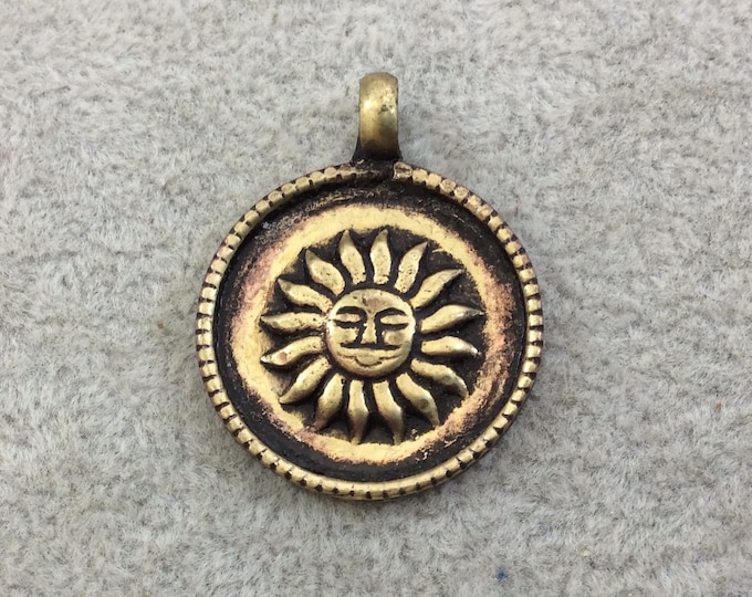 3/4" Oxidized Gold Plated Rustic Cast Sun Icon Copper Round/Coin/Disc Pendant with Attached Ring  - 18mm Diameter, Approximately