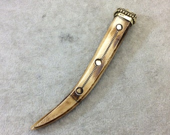 Ox Bone Tusk Pendant: Brown Inlay, Gold Cap (18x105mm)